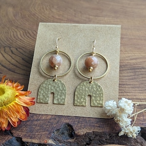 Sunstone earrings, boho earrings, funky earrings, sunstone boho earrings, orange dangle earrings, dangle earrings, gold earrings, gifts