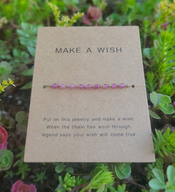 Pink Tourmaline Wish Bracelet, Sterling Silver, Adjustable Silk Cord
