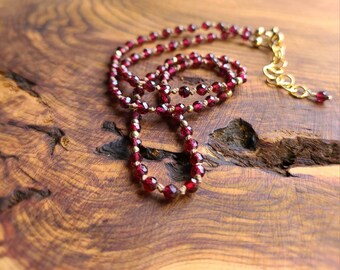 Garnet beaded necklace, gemstone beaded necklace, red garnet necklace, red garnet jewelry, dainty necklace, layering necklace, gold filled