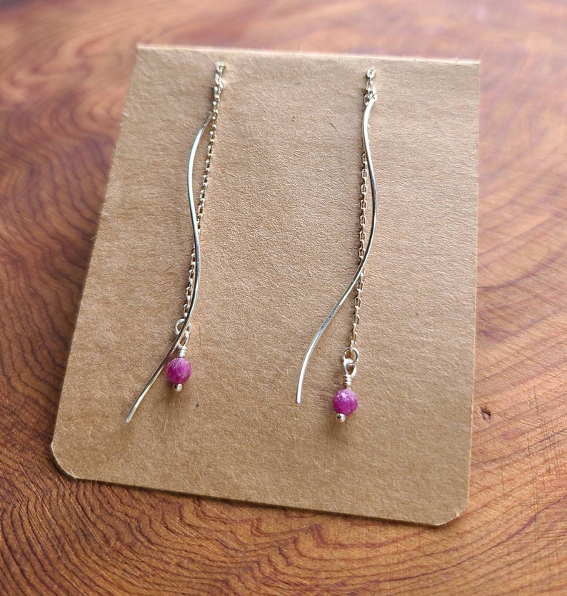 Natural ruby and sterling silver threadswirl style earrings