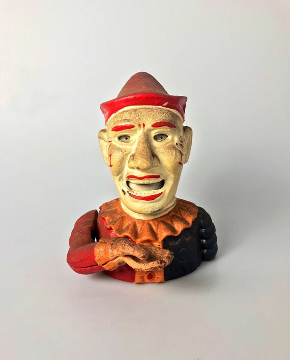 VINTAGE STYLE CAST IRON Humpty Dumpy Clown MECHANICAL BOX BANK ANTIQUE