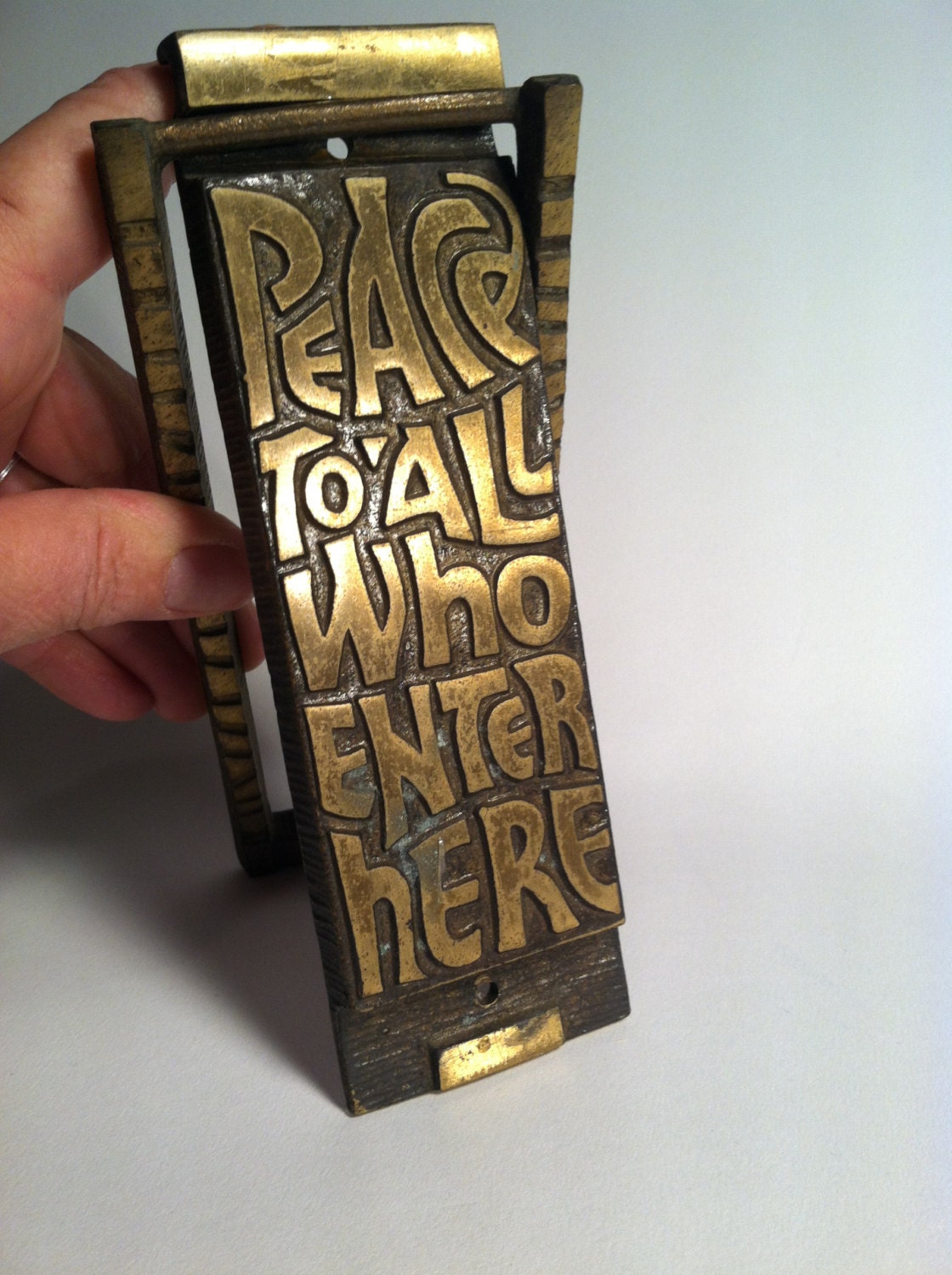 Brass Peace To All Who Enter Here Door Plaque Vintage Terra Sancta