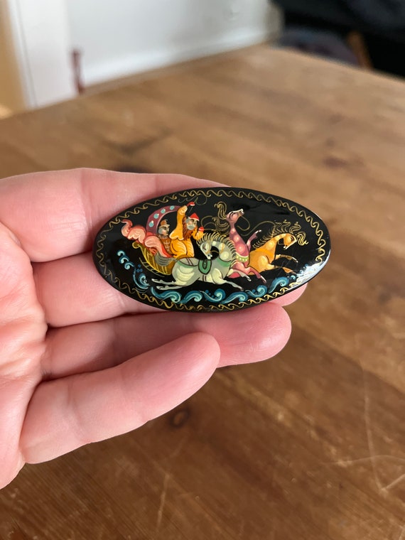 Russian Hand Painted Lacquer Brooch Pin