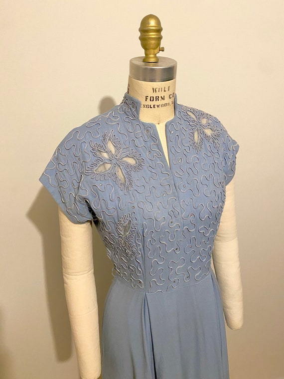 1940s Enchanting Blue Soutache and Rhinestone Dres