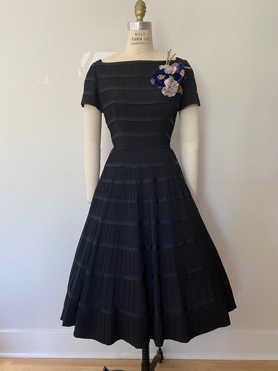 1940s Black Pintucked Ribbon Striped Dress