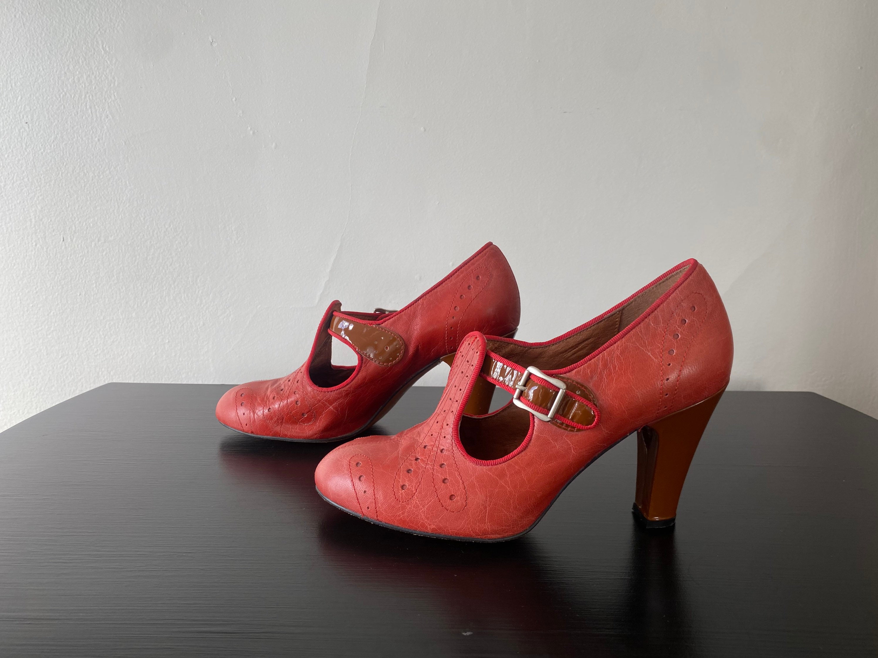 Re-mix CLOCHE Shoes 1930s Style Red T Strap Heels 8 - Etsy