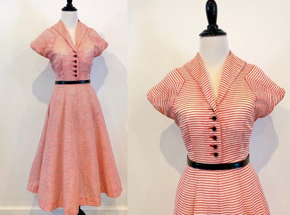 1950s Red and White Candy Stripe Organdy Dress