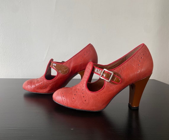 Re-Mix CLOCHE Shoes 1930s Style Red T Strap Heels… - image 1