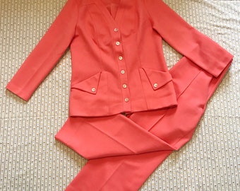 Vintage 1970s Coral Pink Polyester Pant Suit Large