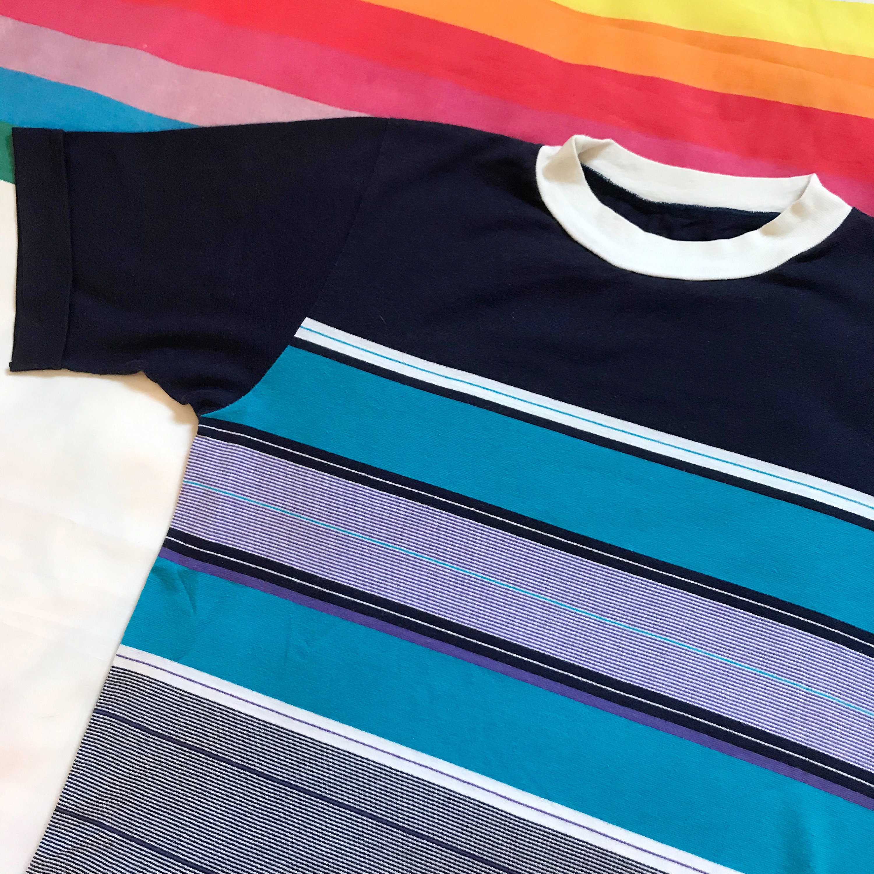 Vintage Blue and Purple Striped Single Stitch Ringer T Shirt