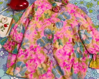 Vintage 1960s Pink Floral Ruffle Housecoat Small