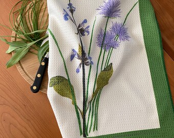 CHIVE and SAGE Blossoms, drawing on sturdy kitchen towel