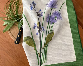 CHIVE & SAGE BLOSSOMS, drawing on sturdy kitchen towel