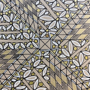 May include: Abstract geometric pattern with black lines, white shapes, and gold accents on a brown background.