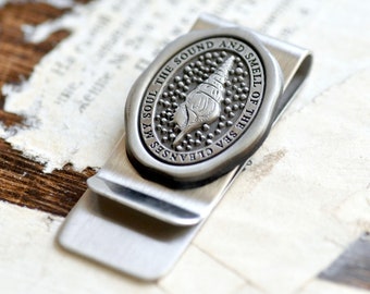 Enamel Message Wax Seal Money Journal Clip | Seashell | The sound and the smell of the sea cleanses my soul | Antique Silver | Backtozero