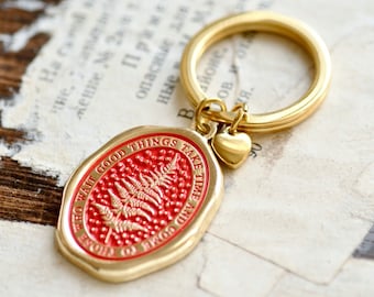 Enamel Message Wax Seal Keychain | Fern | Good things take time & come to those who wait | Gold Red | Backtozero