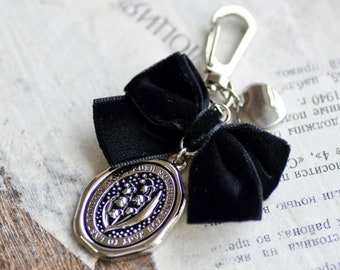 Enamel Wax Seal Keychain | Lily of the Valley | Black Velvet Bow & Silver Heart | Don't rush something you want to last forever | Backtozero