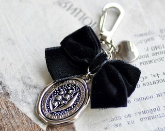 Enamel Wax Seal Keychain | Lily of the Valley | Black Velvet Bow & Silver Heart | Don't rush something you want to last forever | Backtozero