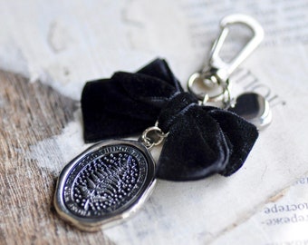 Enamel Message Wax Seal Charm Keychain | Fern | Black Velvet Bow & Silver Heart | Good things take time come to those who wait | Backtozero