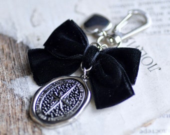 Enamel Message Wax Seal Charm Keychain | Star | Black Velvet Bow & Silver Heart | Tries the hardest shines brightest | Backtozero