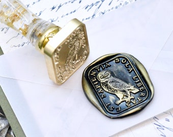 Owl Latin Motto Message Wisdom Freedom Retro Antique Inspired Wax Seal Stamp  | Free Signature OOAK Gold Foil Resin Handle | Backtozero B20