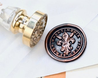 Fleur de Lis Latin Motto Message Courage Retro Antique Style Wax Seal Stamp  | Free OOAK Copper Foil Resin Handle | Backtozero B20