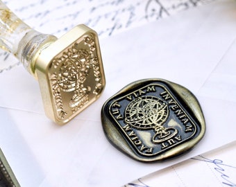 Globe Latin Motto Message Determination Retro Antique Inspired Wax Seal Stamp  | Free Signature OOAK Gold Foil Resin Handle | Backtozero B20