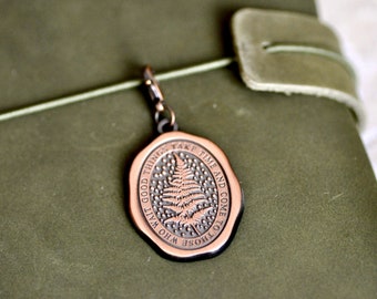 Enamel Message Wax Seal Journal Charm | Fern | Good things take time & come to those who wait | Antique Copper | Backtozero