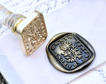 Daisy Latin Motto Message Patience Retro Antique Inspired Wax Seal Stamp  | Free Signature OOAK Gold Foil Resin Handle | Backtozero B20