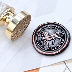 Cheval devise latine message Ambitions Passion, cachet de cire d'inspiration rétro antique | Manche en résine feuille de cuivre OOAK gratuit | Retour à zéro B20