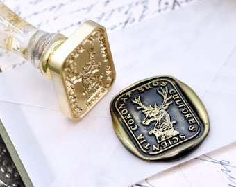 Deer Latin Motto Message Wisdom Retro Antique Style Inspired Wax Seal Stamp  | Free Signature OOAK Gold Foil Resin Handle | Backtozero B20