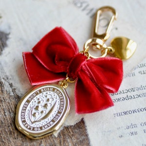 Enamel Wax Seal Keychain | Lily of the Valley | Red Velvet Bow & Gold Heart | Don&#39;t rush something you want to last forever | Backtozero