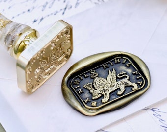 Winged Lion Latin Motto Message Dedication Success Retro Antique Inspired Wax Seal Stamp | Free OOAK Gold Foil Resin Handle | Backtozero B20