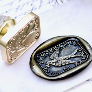 Hirondelle Trèfle Latin Motto Message Paix Harmonie Rétro Antique Inspiré Sceau de Cire Timbre | Poignée en résine de feuille d'or OOAK gratuite | Retour à zéro B20