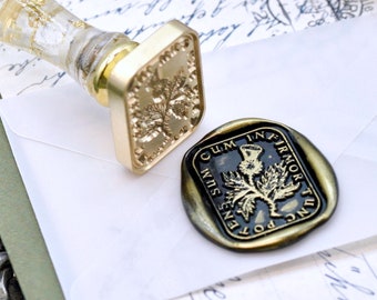 Thistle Latin Motto Message Strength Power Antique Inspired Wax Seal Stamp | Free Signature OOAK Gold Foil Resin Handle | Backtozero B20