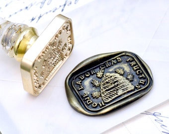 Bee Hive Latin Motto Message Focus Retro Antique Inspired Wax Seal Stamp  | Free Signature OOAK Gold Foil Resin Handle | Backtozero B20