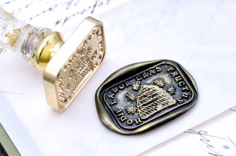 Bee Hive Latin Motto Message Focus Retro Antique Inspired Wax Seal Stamp Free Signature OOAK Gold Foil Resin Handle Backtozero B20 image 1