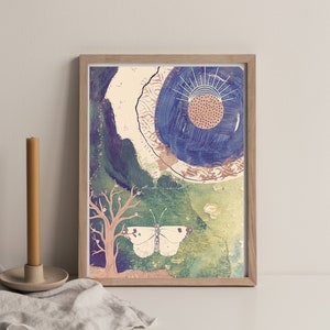 Impression d&#39;art Butterfly Cottagecore : soleil, lune, arbres abstraits (téléchargeable)