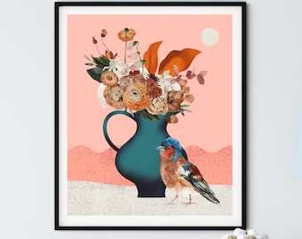 Vogel und Blumen Stillleben Kunstdruck: Modernes Wohndekor (Digitaler Download)