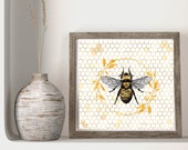 Bee Honeycomb Art, Gold Wreath Digital Art, Summer Retreat, Printable Bee Image, Downloadable Cottage Art, Nature Lovers Gift, Housewarming