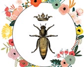 Flower Print, Floral Wreath, Queen Bee Image, Downloadable Nature Art, Printable Summer Retreat Art, Beekeepers Gift, Princess Tiara Art