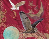 Owl Art,Crescent Moon,Crimson,Turquoise,Mystical,Power, Flying Owl,Nature, Animal Art,Magic,Bird Print,Fantasy,Office Decor,Home Decor