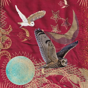 Owl Art,Crescent Moon,Crimson,Turquoise,Mystical,Power, Flying Owl,Nature, Animal Art,Magic,Bird Print,Fantasy,Office Decor,Home Decor