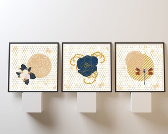 Zen Mond Libelle Biene Kunstdrucke: Bienenwabe Wand Dekor (Digitaler Download)