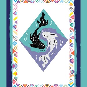 May include: A rectangular print featuring a central diamond shape containing a black koi fish and a white koi fish swimming in a circular motion against a light blue and purple background. The border consists of colorful geometric chevron patterns.