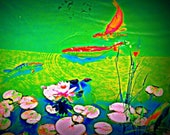 Koi in Serene Green Pond, Water Lily Wall Decor, Gold Fish Art, Garden Art, Fish art, Botanical print, Zen, Meditation, Lily, Lotus, Fish