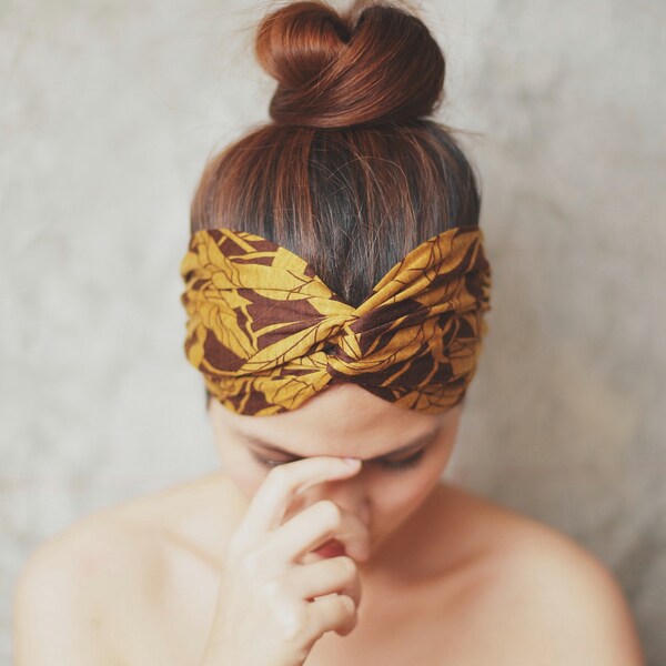 Paradise, Turban Twist Headband - Golden brown mustard floral boho print LL