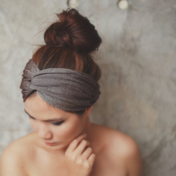 Desierto de estrella, Extra ancho turbante Twist diadema - Glister marrón metálico, TW-B-12001-MM