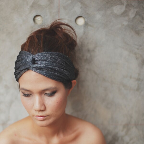Twinkling Night, Extra wide Turban Twist Headband - Glister Metallic Black, TW-B-12003-MM
