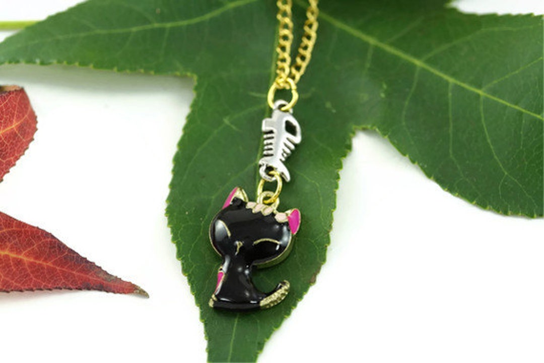 Black Cat Necklace Cat Jewelry Cute Cat Necklace Fish Bone Etsy